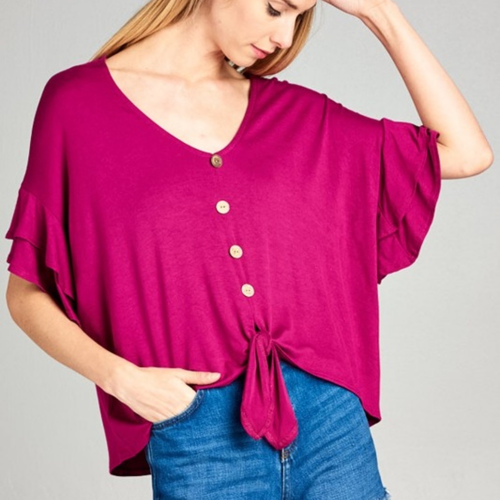 Magenta Ruffle Button Tie Top